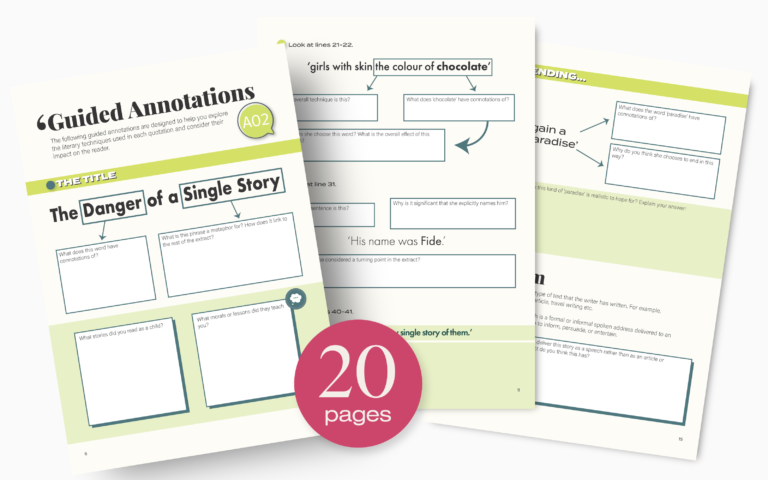 Preview of, The Danger of a Single Story free revision workbook featuring guided annotations, exemplar PETAL paragraphs, and high-level challenge questions for Edexcel iGCSE English.