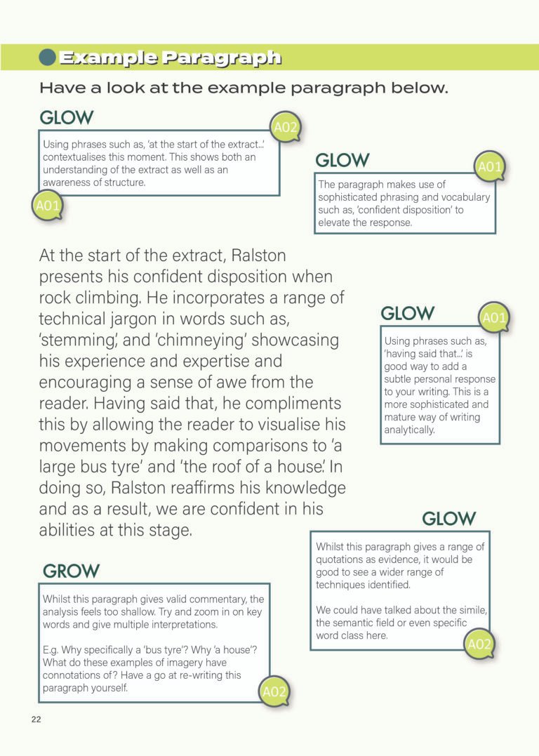 Example PETAL paragraph with Glow and Grow feedback for 127 Hours, showing high-level analytical writing for iGCSE English.