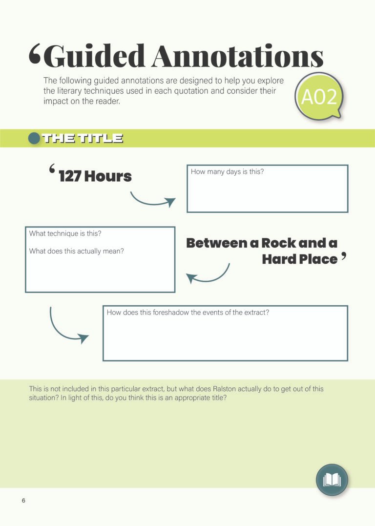 Close-up of guided annotation tasks for 127 Hours: Between a Rock and a Hard Place by Aron Ralston, focusing on literary techniques for Edexcel iGCSE English Language.