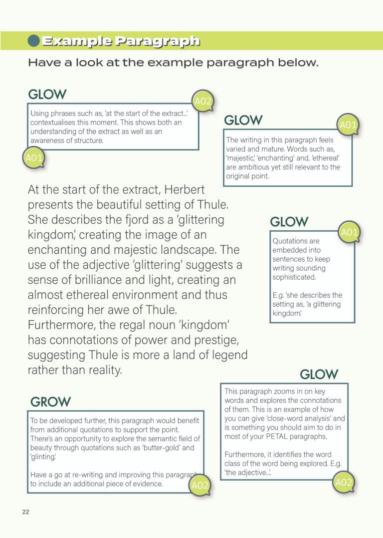 Example PETAL paragraph with Glow and Grow feedback for The Explorer's Daughter, showing high-level analytical writing for iGCSE English.