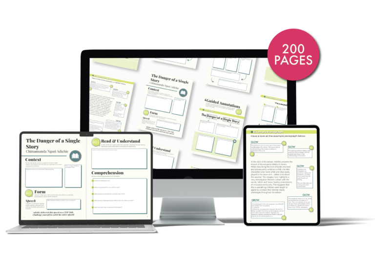 Mockup image of the iGCSE English Language Revision Workbook containing guided annotations, example PETAL analytical paragraphs and self assessment models.