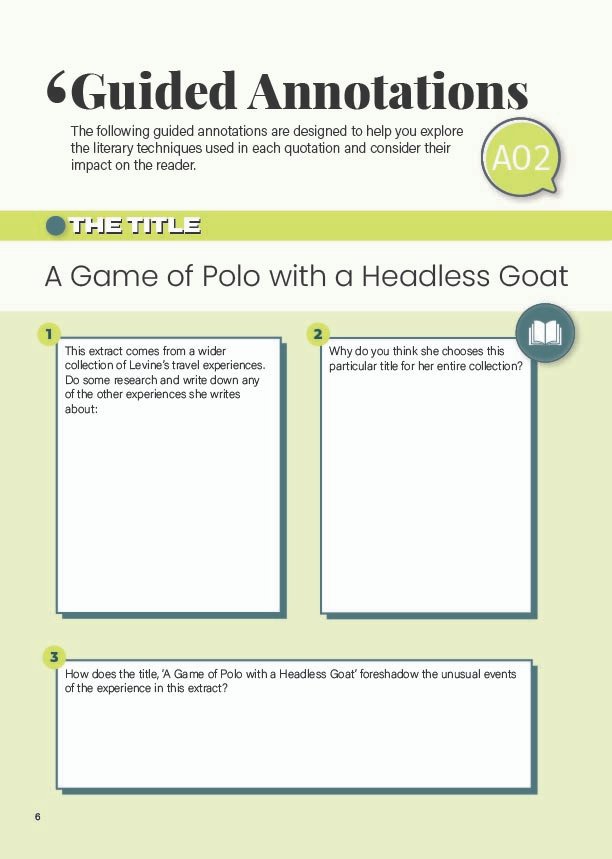 Close-up of guided annotation tasks for A Game of Polo with a Headless Goat by Emma Levine, focusing on literary techniques for Edexcel iGCSE English Language.