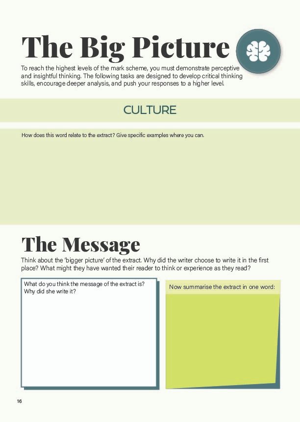 "The Big Picture" challenge questions and wider reading tasks for Beyond the Sky and Earth Revision Workbook