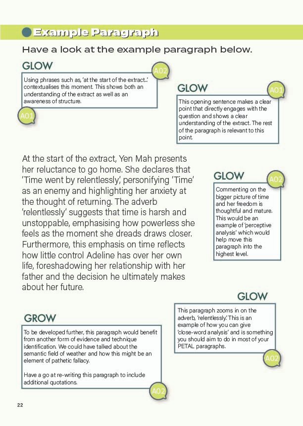 Example PETAL paragraph with Glow and Grow feedback for 127 Hours, showing high-level analytical writing for the iGCSE English Language revision workbook.