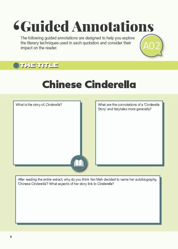 Close-up of guided annotation tasks for Chinese Cinderella by Adeline Yen Mah, focusing on literary techniques for Edexcel iGCSE English Language.