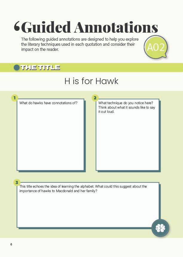 Close-up of guided annotation tasks for H is for Hawk by Helen Macdonald, focusing on literary techniques for Edexcel iGCSE English Language.