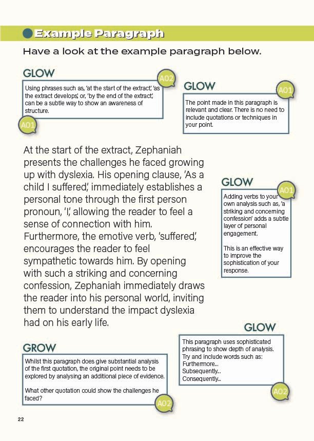 Example PETAL paragraph with Glow and Grow feedback for 127 Hours, showing high-level analytical writing for iGCSE English.