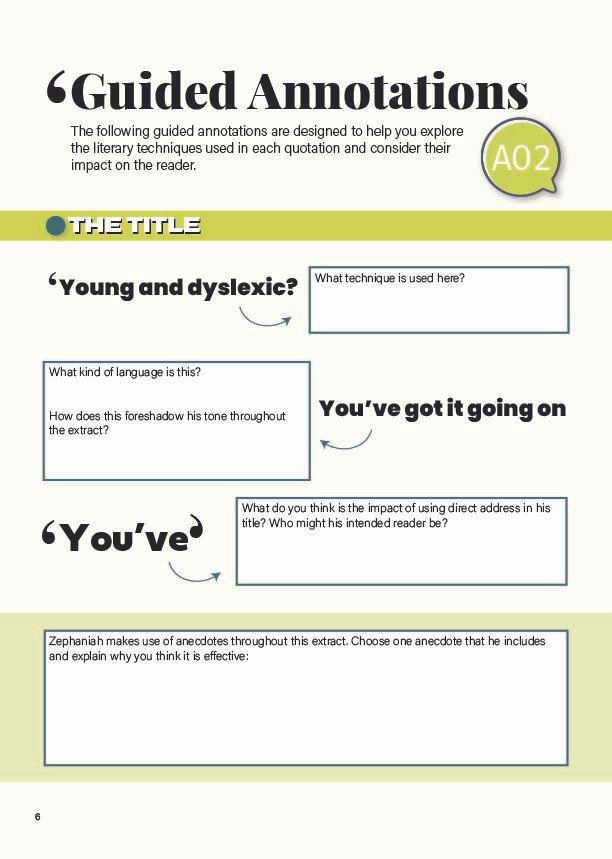 Close-up of guided annotation tasks for Young and dyslexic? You’ve got it going on by Benjamin Zephaniah, focusing on literary techniques for Edexcel iGCSE English Language.