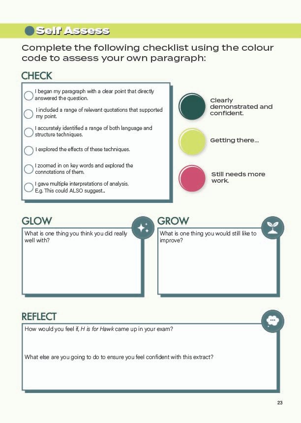 Inside page showing self assessment using the 'glow' and 'grow' model within the Edexcel iGCSE English Language Revision Workbook