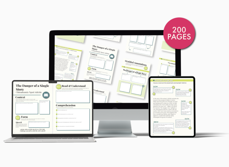 Mockup image of the iGCSE English Language Revision Workbook containing guided annotations, example PETAL analytical paragraphs and self assessment models.